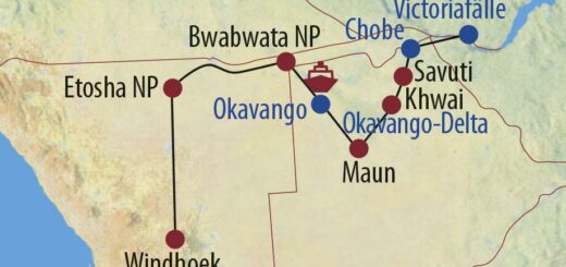 Karte Reise Namibia • Botswana • Simbabwe Unterwegs auf Chobe, Okavango und Sambesi 2022/23