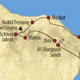 Karte Reise Oman Abenteuer zwischen einsamen Bergen, endlosen Dünenlandschaften und azurblauem Meer 2022/23